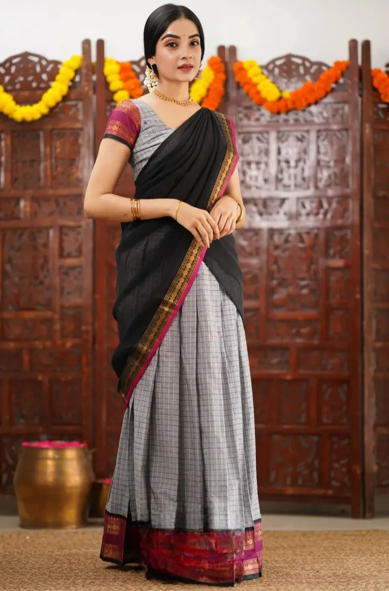 Black Lehenga in Natural Crape Paired with a Traditional Kalamkari Dupatta (cotton)
