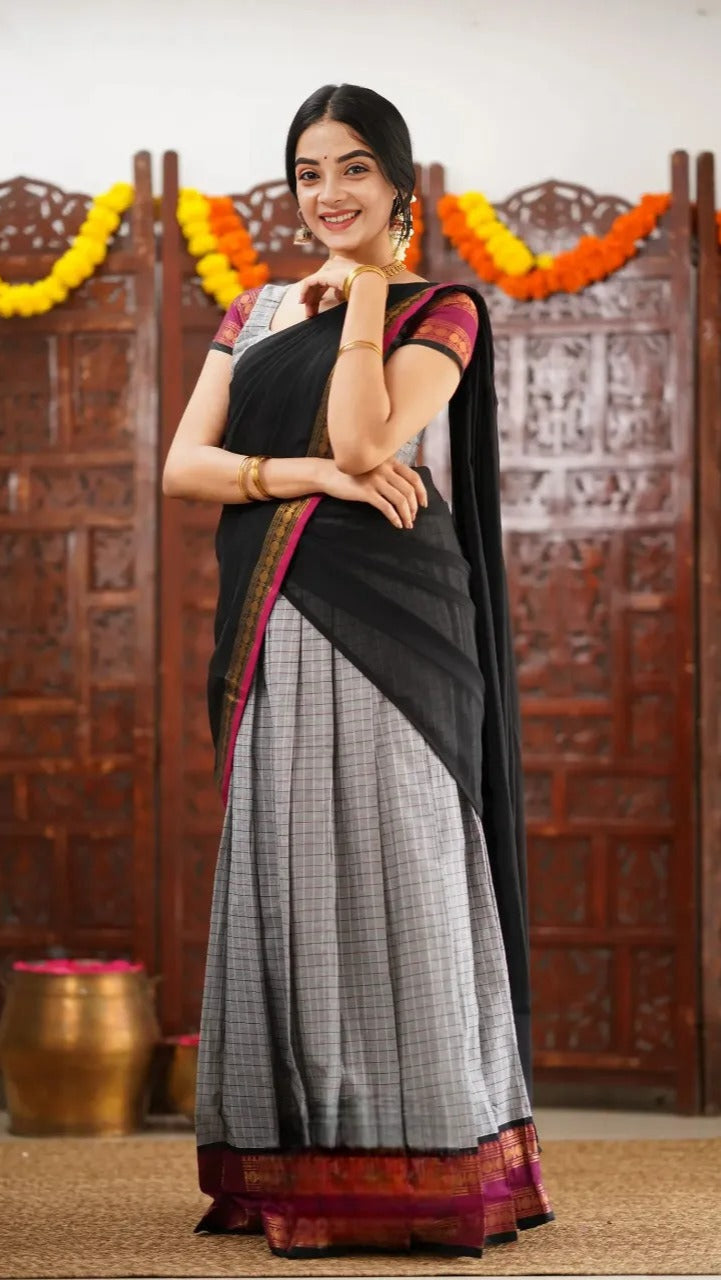 Black Lehenga in Natural Crape Paired with a Traditional Kalamkari Dupatta (cotton)