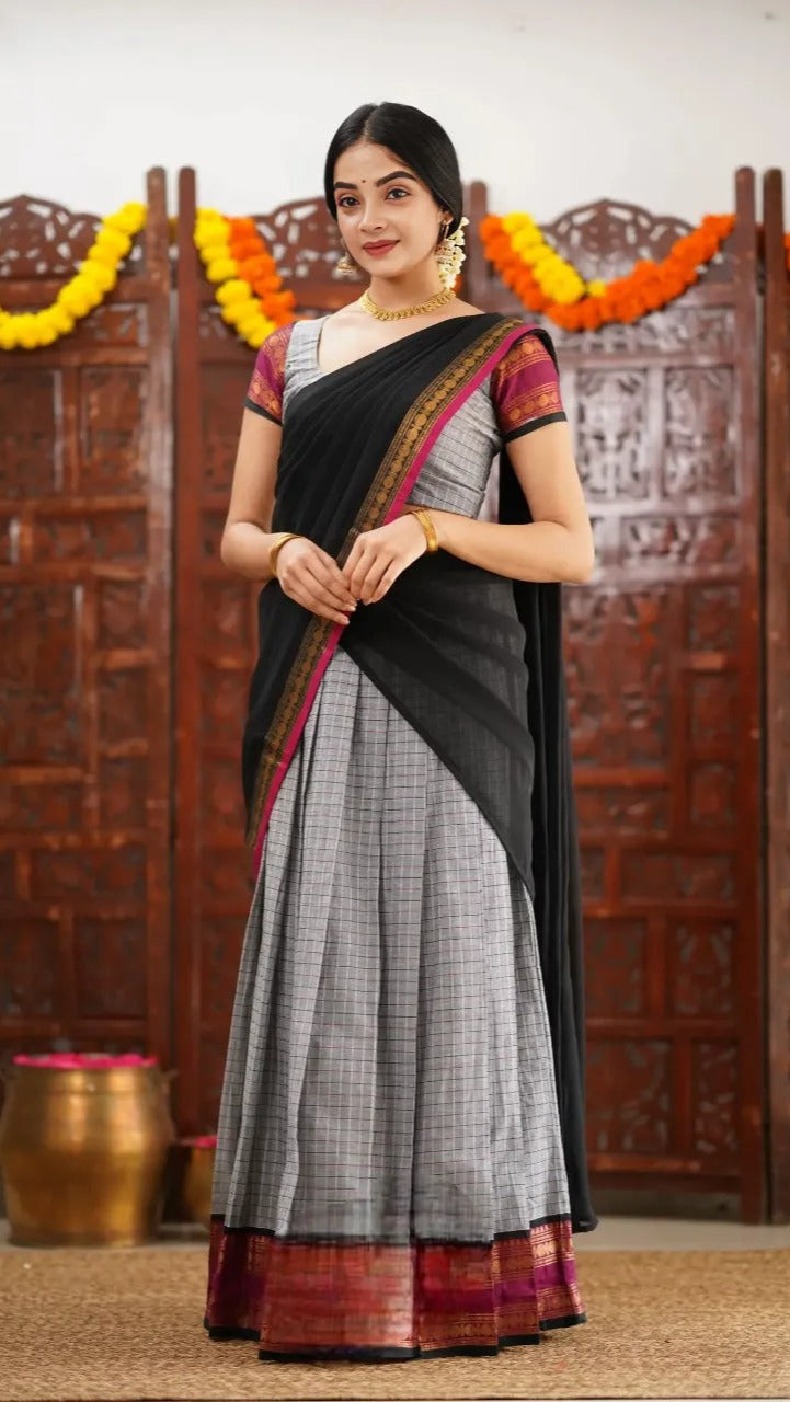Black Lehenga in Natural Crape Paired with a Traditional Kalamkari Dupatta (cotton)