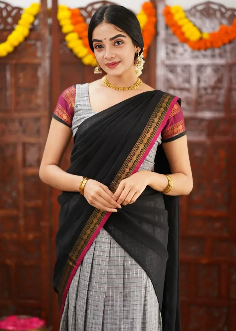 Black Lehenga in Natural Crape Paired with a Traditional Kalamkari Dupatta (cotton)