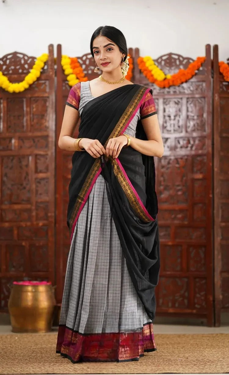 Black Lehenga in Natural Crape Paired with a Traditional Kalamkari Dupatta (cotton)